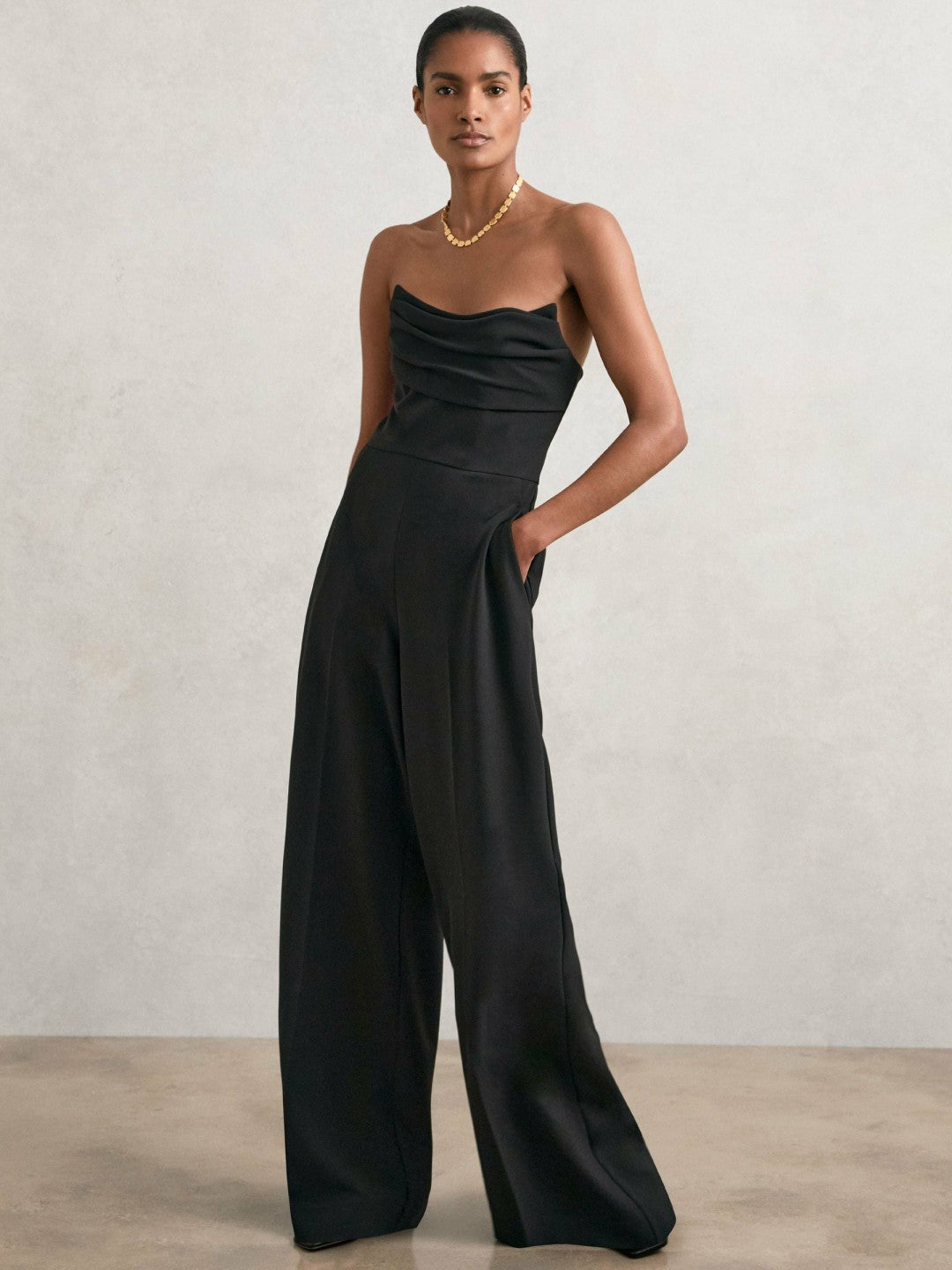 Structured Strapless Wide-Leg Jumpsuit in Black Women | Reiss