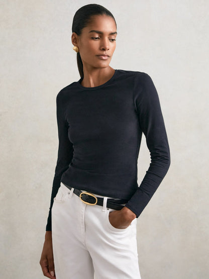 Cotton Crew-Neck Long-Sleeve T-Shirt With Stretch in Black Women | Reiss