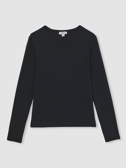 Cotton Crew-Neck Long-Sleeve T-Shirt With Stretch in Black Women | Reiss
