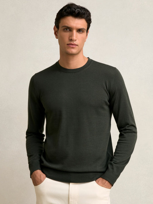 Merino Wool Crew Neck Jumper in Dark Military Green Men | Reiss