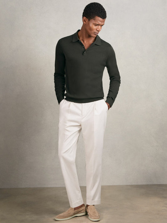 Merino Wool Long-Sleeve Polo Shirt in Dark Military Green Men | Reiss
