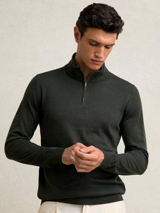 Merino Wool Half-Zip Jumper in Dark Military Green Men | Reiss