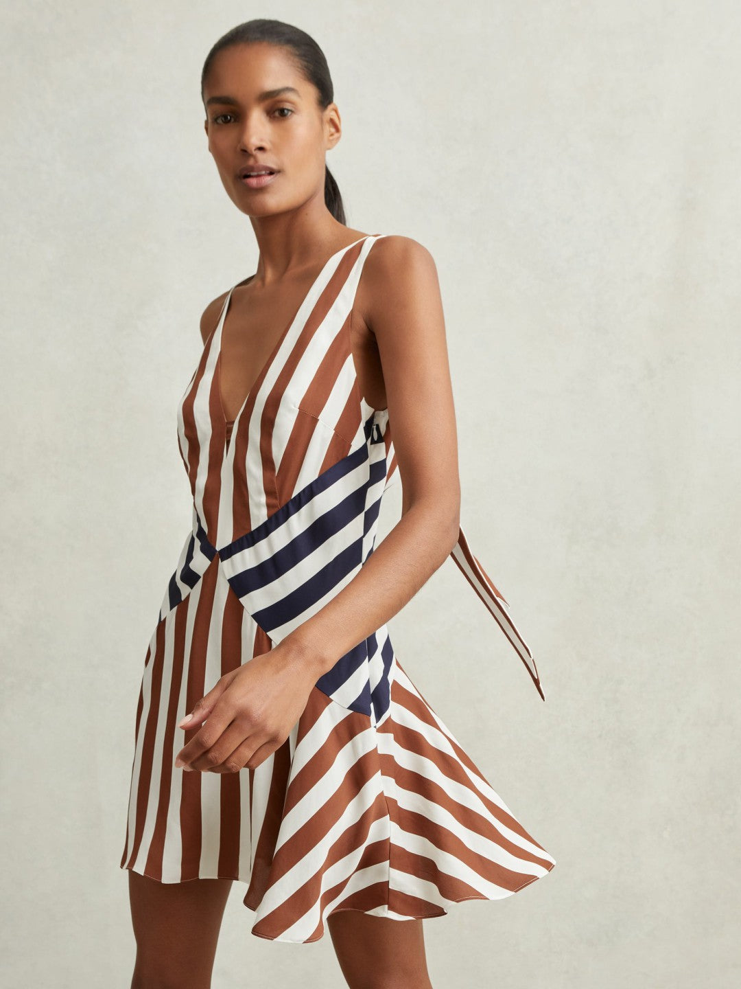 Stripe-Print Sleeveless Mini Dress in Brown/Navy Women | Reiss