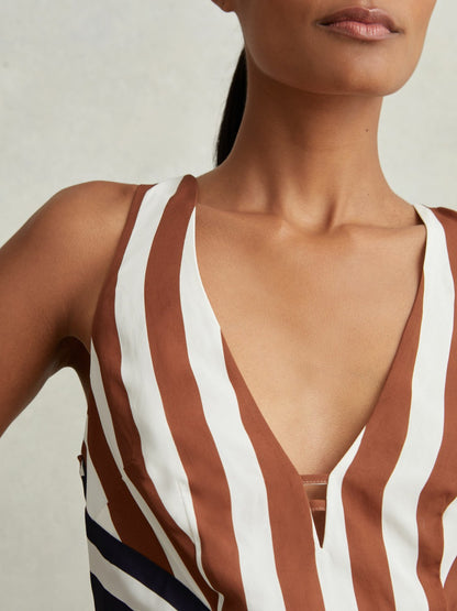 Stripe-Print Sleeveless Mini Dress in Brown/Navy Women | Reiss