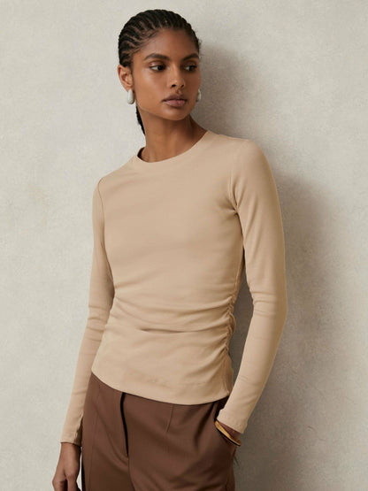 Cotton Long-Sleeve Ruched T-Shirt with Stretch in Camel Women | Reiss