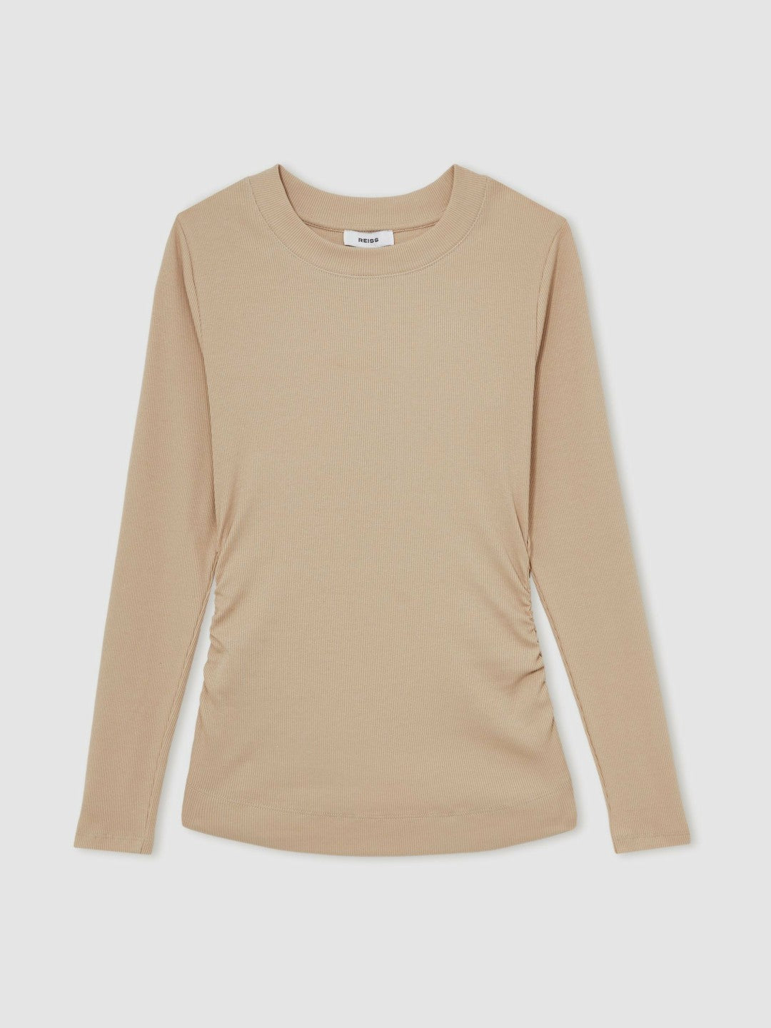 Cotton Long-Sleeve Ruched T-Shirt with Stretch in Camel Women | Reiss