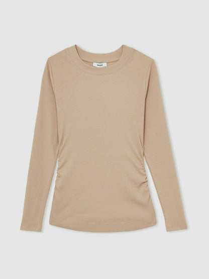 Cotton Long-Sleeve Ruched T-Shirt with Stretch in Camel Women | Reiss