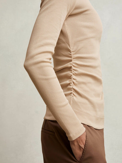 Cotton Long-Sleeve Ruched T-Shirt with Stretch in Camel Women | Reiss