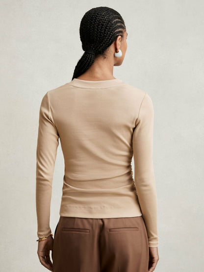 Cotton Long-Sleeve Ruched T-Shirt with Stretch in Camel Women | Reiss
