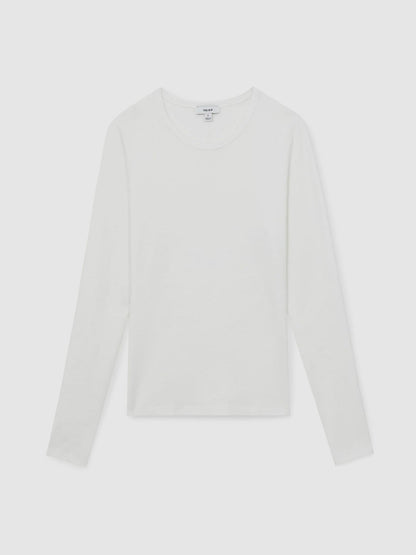 Cotton Crew-Neck Long-Sleeve T-Shirt With Stretch in White Women | Reiss