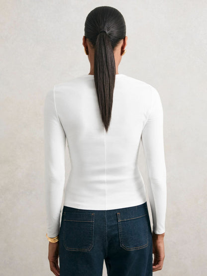 Cotton Crew-Neck Long-Sleeve T-Shirt With Stretch in White Women | Reiss