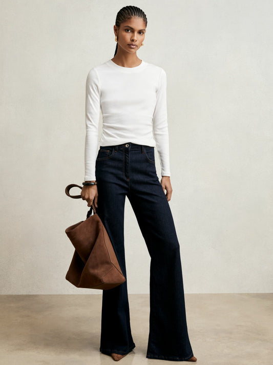 Cotton Long-Sleeve Ruched T-Shirt with Stretch in White Women | Reiss
