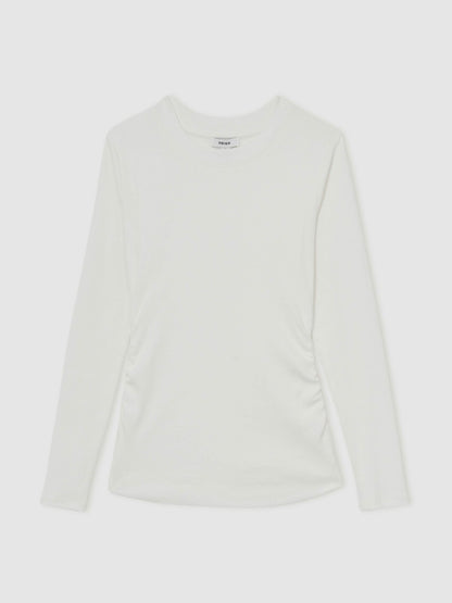Cotton Long-Sleeve Ruched T-Shirt with Stretch in White Women | Reiss