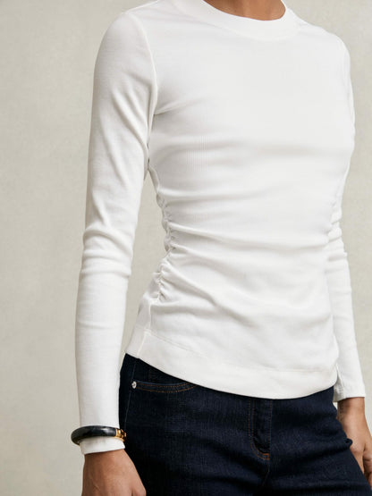 Cotton Long-Sleeve Ruched T-Shirt with Stretch in White Women | Reiss
