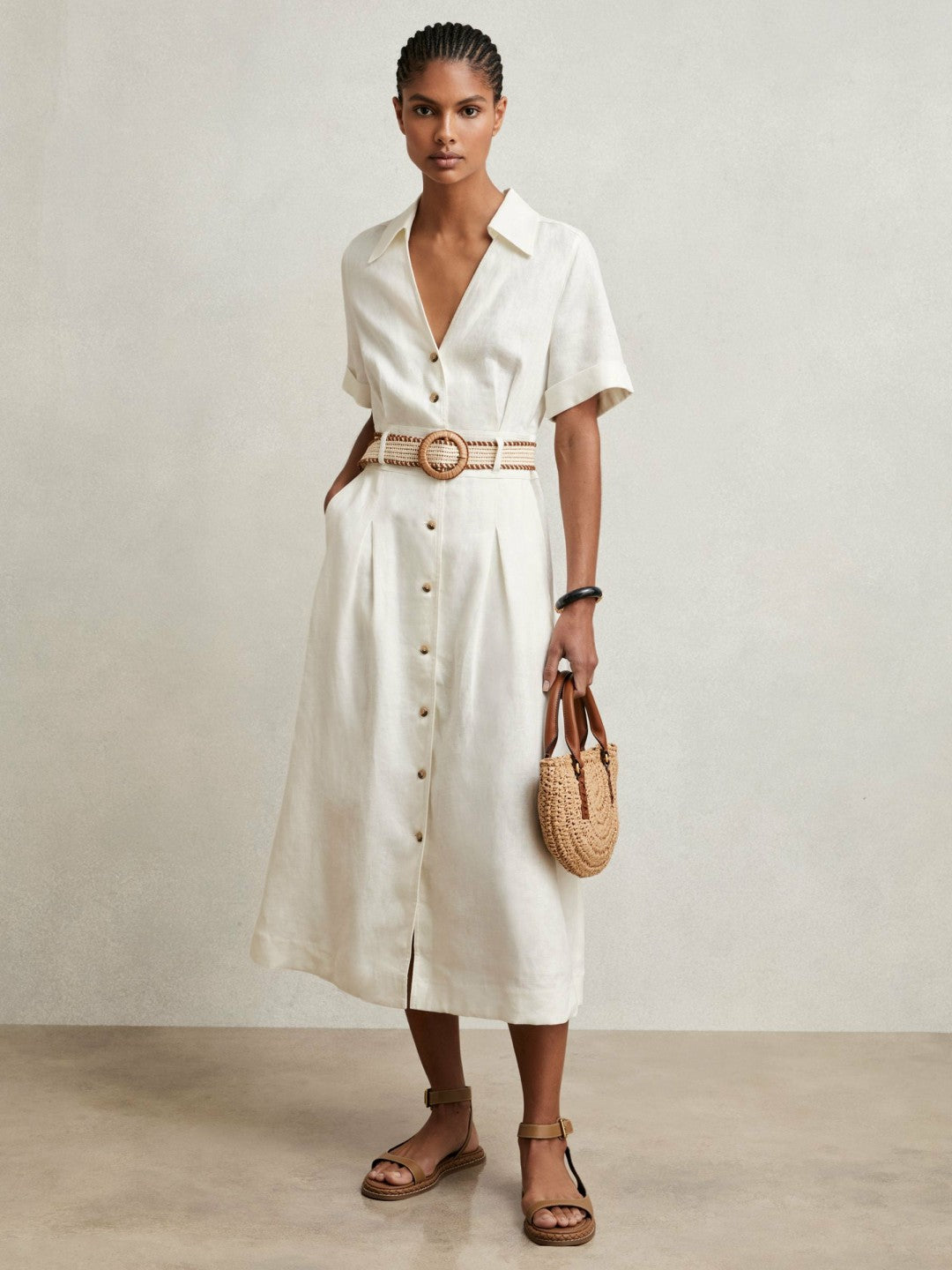 Linen Belted Midi Shirt Dress in Ivory Women | Reiss