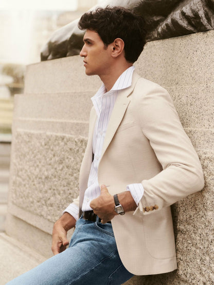Slim Fit Single Breasted Textured Blazer with Cotton in Stone Men | Reiss