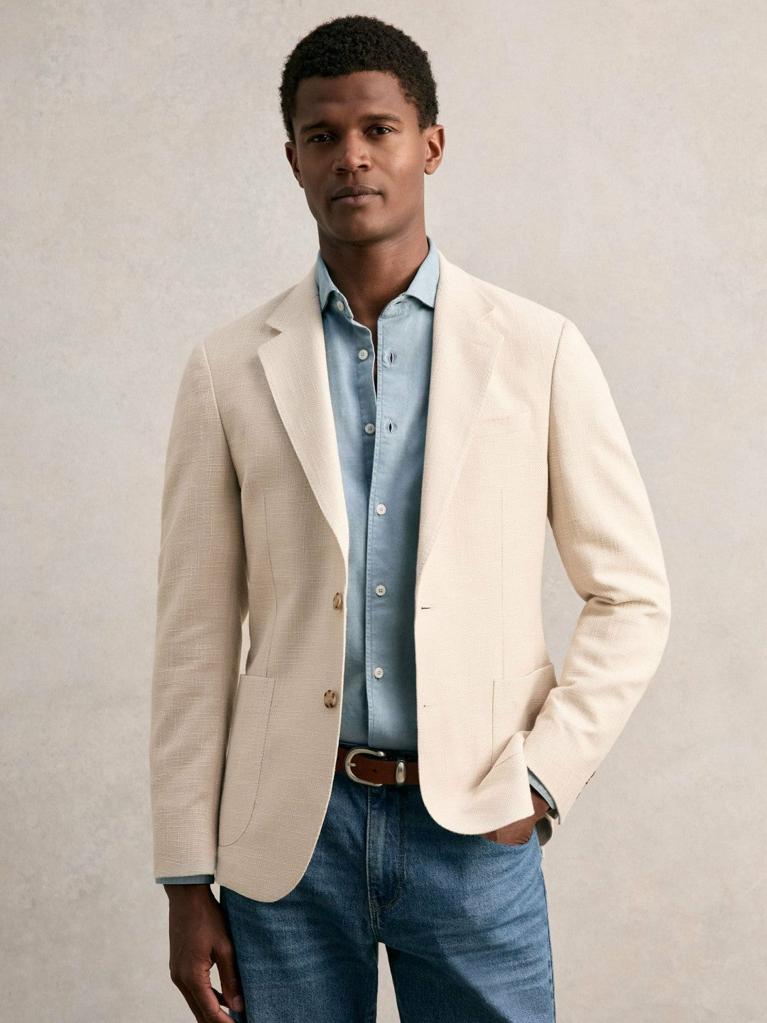 Slim Fit Single Breasted Textured Blazer with Cotton in Stone Men | Reiss