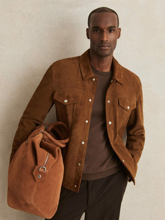 Suede Press Stud Trucker Jacket in Tobacco Brown Men | Reiss