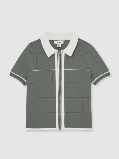 3-9 yrs Tipped Knit Zip-Through Shirt in Dark Sage Green Children & Baby | Reiss