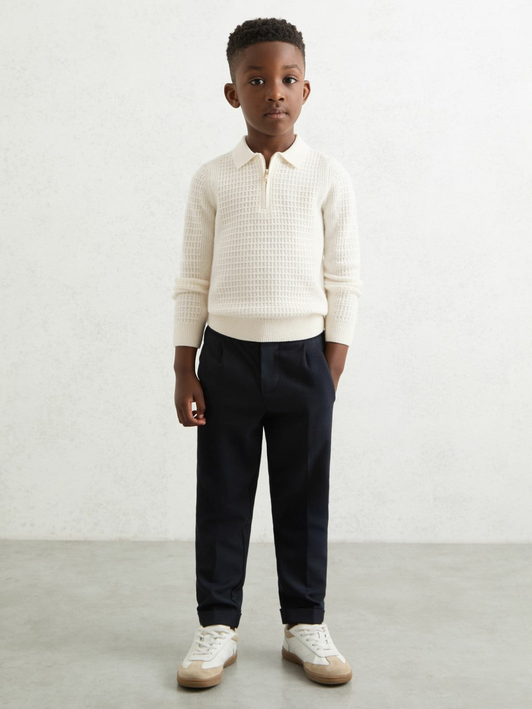 3-9 yrs Wool Waffle-Knit Half-Zip Polo Shirt in Off White Children & Baby | Reiss