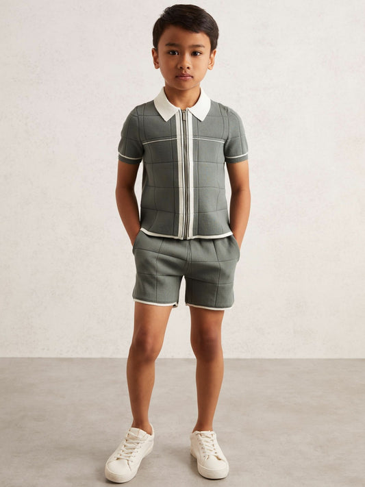 13-14 yrs Tipped Knit Zip-Through Shirt in Dark Sage Green Children & Baby | Reiss