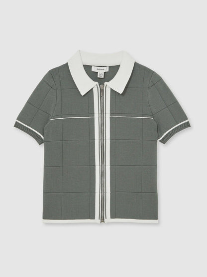 13-14 yrs Tipped Knit Zip-Through Shirt in Dark Sage Green Children & Baby | Reiss