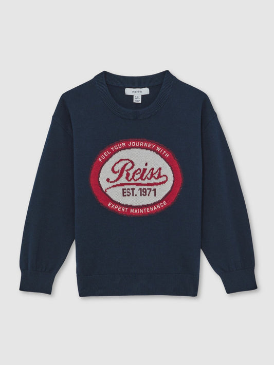 13-14 yrs Cotton Motor Cars Logo Jumper in Navy Children & Baby | Reiss