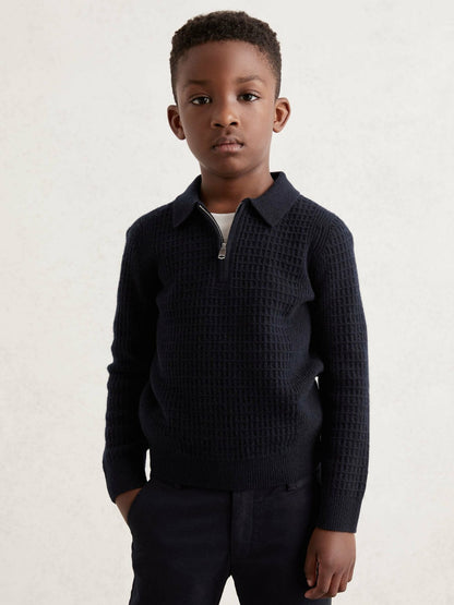 3-9 yrs Wool Waffle-Knit Half-Zip Polo Shirt in Navy Blue Children & Baby | Reiss