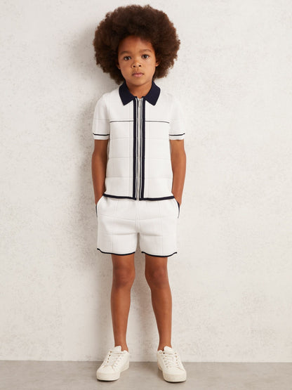 9-12 yrs Tipped Knit Stitch-Detail Shorts in White/Navy Children & Baby | Reiss
