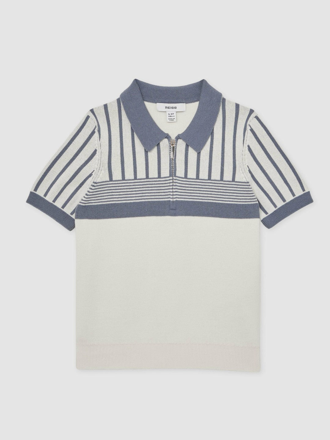 13-14 yrs Cotton Stripe Knit Half-Zip Polo Shirt in Off White/ Airforce Blue Children & Baby | Reiss