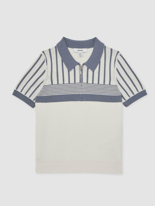 13-14 yrs Cotton Stripe Knit Half-Zip Polo Shirt in Off White/ Airforce Blue Children & Baby | Reiss