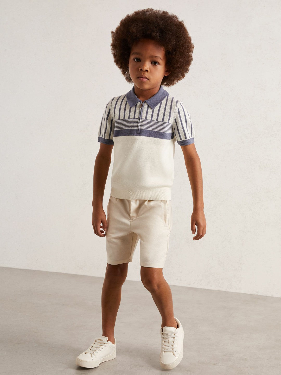 13-14 yrs Cotton Stripe Knit Half-Zip Polo Shirt in Off White/ Airforce Blue Children & Baby | Reiss