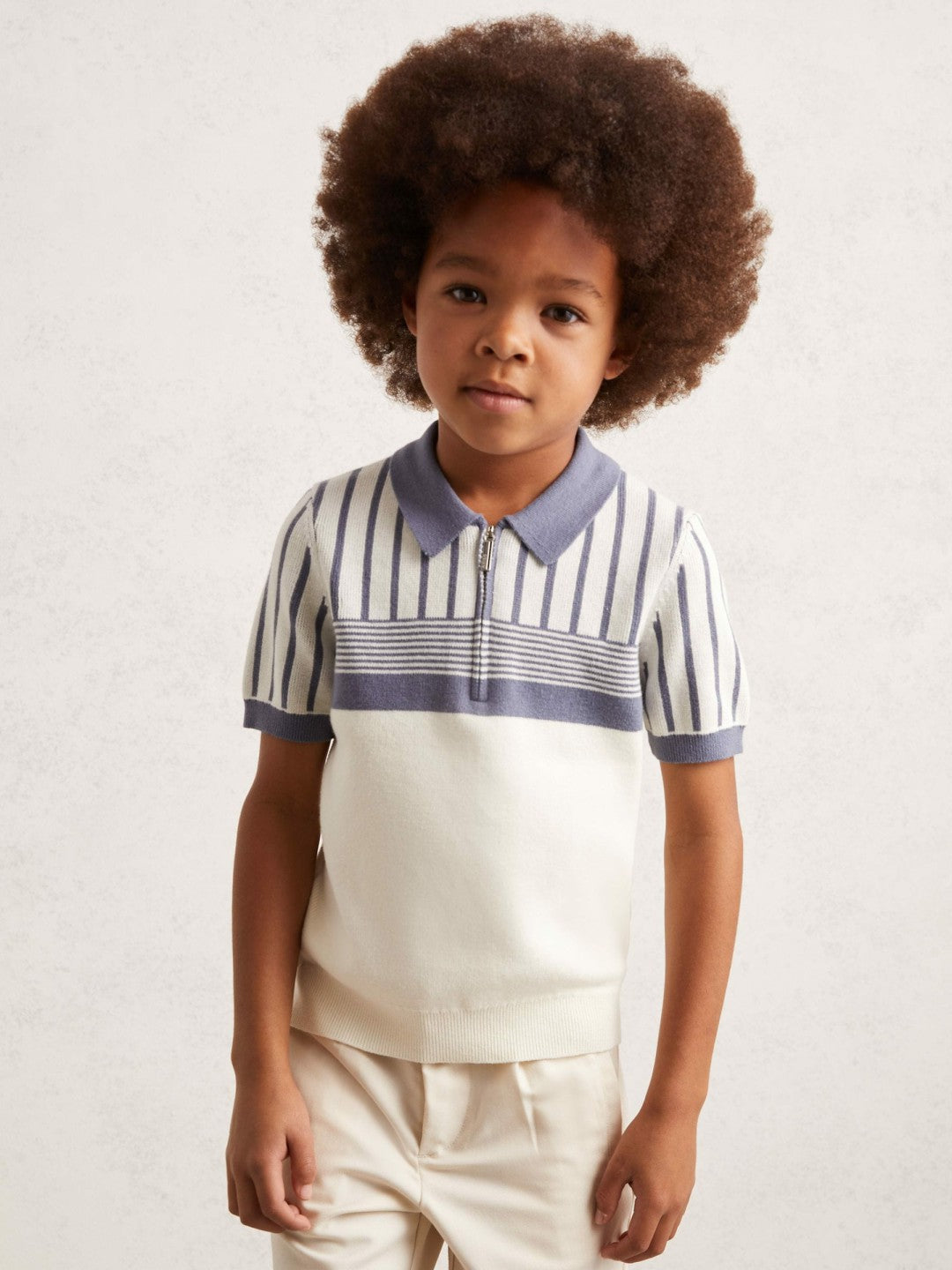 13-14 yrs Cotton Stripe Knit Half-Zip Polo Shirt in Off White/ Airforce Blue Children & Baby | Reiss