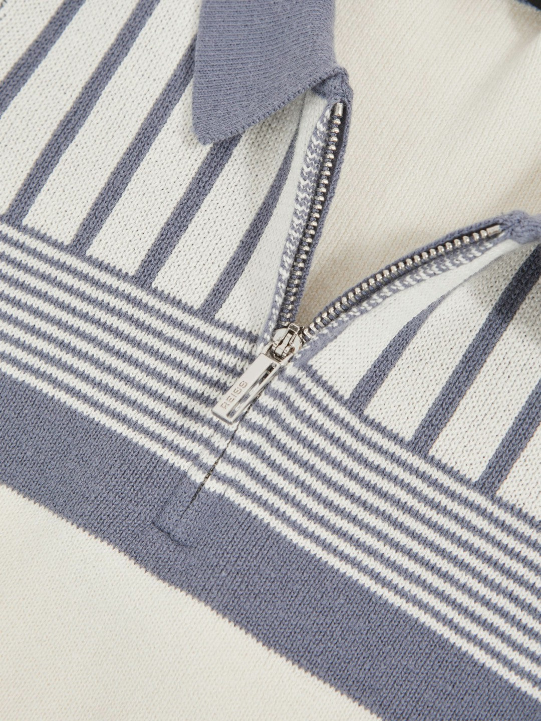 13-14 yrs Cotton Stripe Knit Half-Zip Polo Shirt in Off White/ Airforce Blue Children & Baby | Reiss