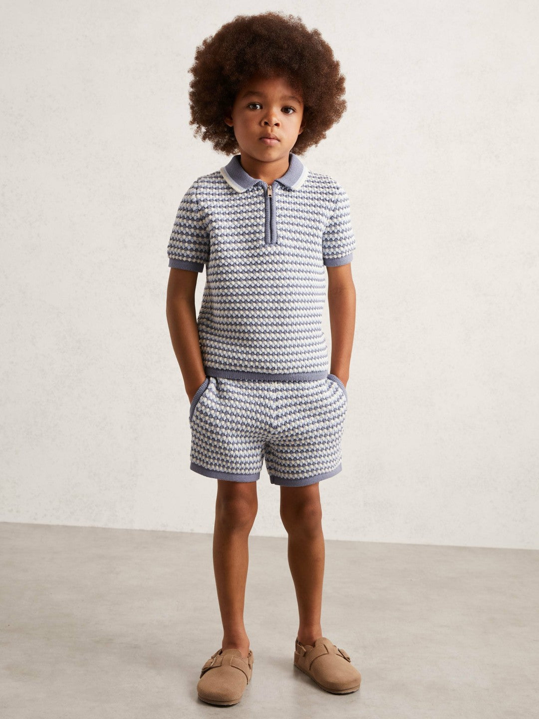 9-13 yrs Knitted Stripe Half-Zip Polo Shirt in Blue/White Children & Baby | Reiss