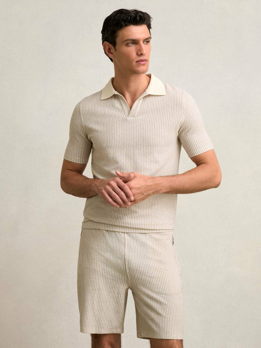 Cotton-Blend Stripe Drawstring Shorts in Ecru/Taupe Brown Men | Reiss