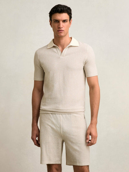 Cotton-Blend Stripe Drawstring Shorts in Ecru/Taupe Brown Men | Reiss