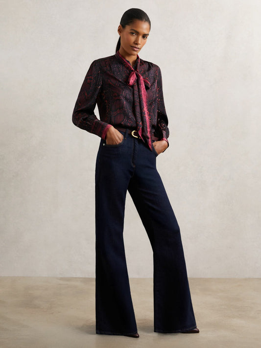 Snake-Print Tie-Neck Blouse in Burgundy Women | Reiss