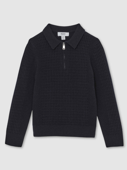 13-14 yrs Wool Waffle-Knit Half-Zip Polo Shirt in Navy Blue Children & Baby | Reiss
