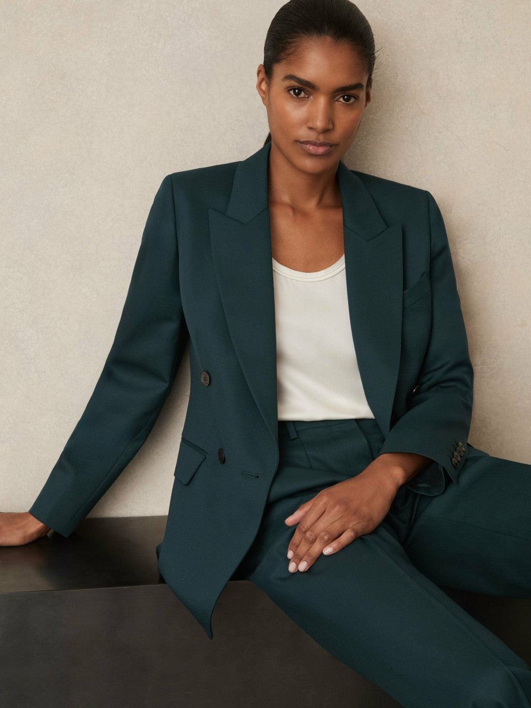 Wool-Blend Double-Breasted Suit Blazer in Green Women | Reiss