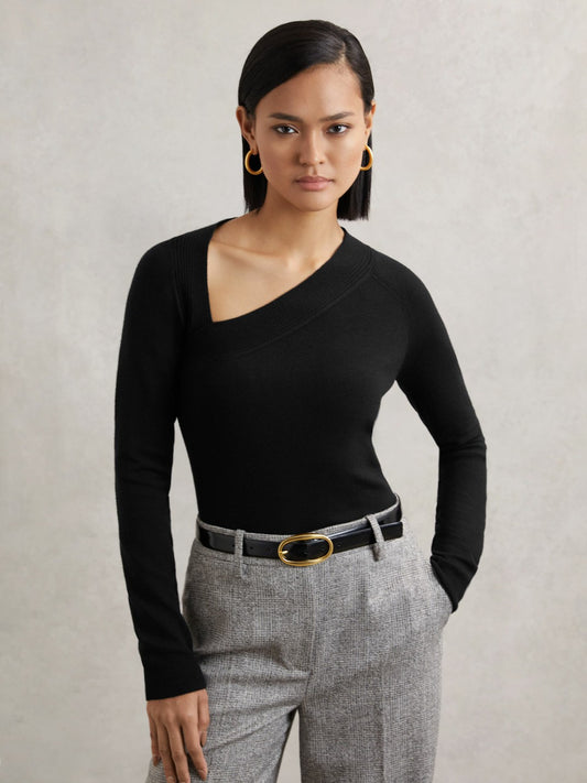 Wool-Blend Asymmetric Knit Top in Black Women | Reiss