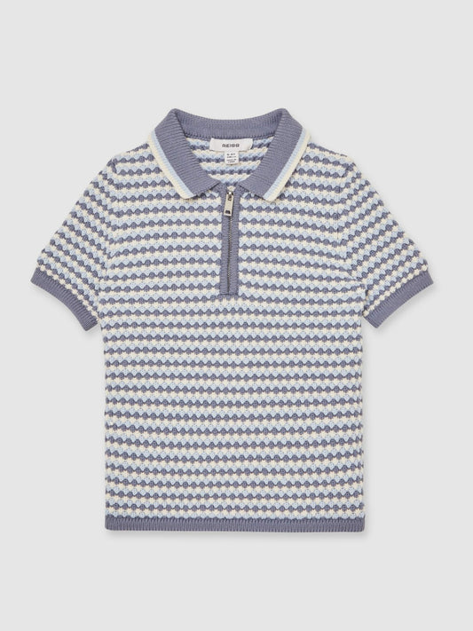 13-14 yrs Knitted Stripe Half-Zip Polo Shirt in Blue/White Children & Baby | Reiss