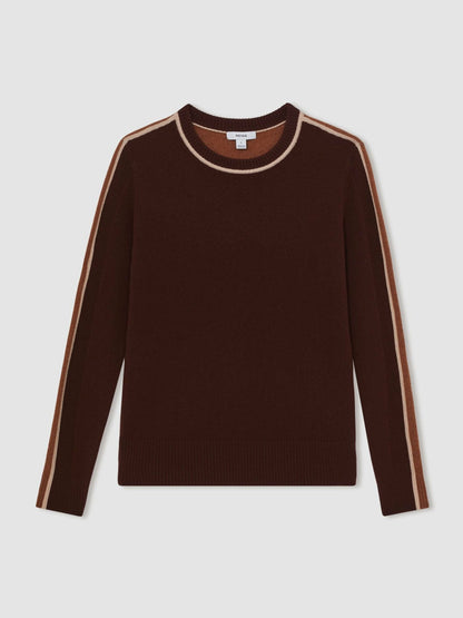 Wool-Blend Colour-Block Jumper With Cashmere in Burgundy/Tan Women | Reiss