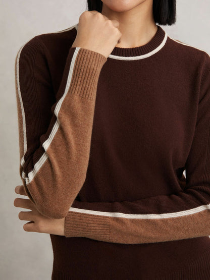 Wool-Blend Colour-Block Jumper With Cashmere in Burgundy/Tan Women | Reiss