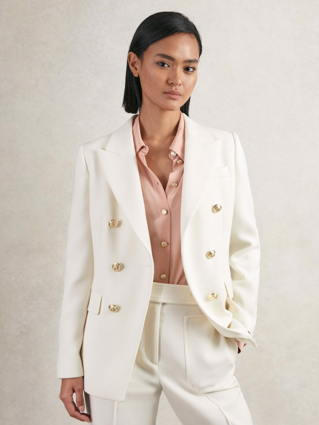 Petite Double-Breasted Twill Suit Blazer With Wool in White Women | Reiss
