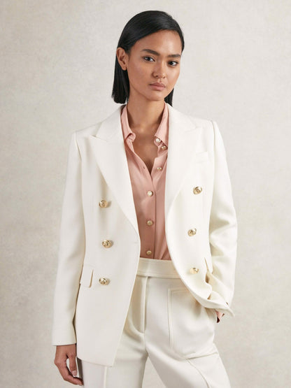Petite Double-Breasted Twill Suit Blazer With Wool in White Women | Reiss
