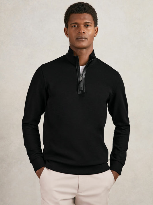 Leather-Placket Interlock Sweatshirt in Black Men | Reiss