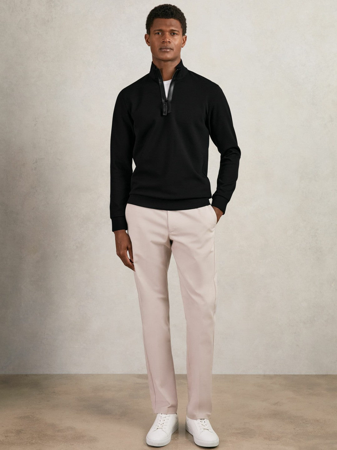 Leather-Placket Interlock Sweatshirt in Black Men | Reiss