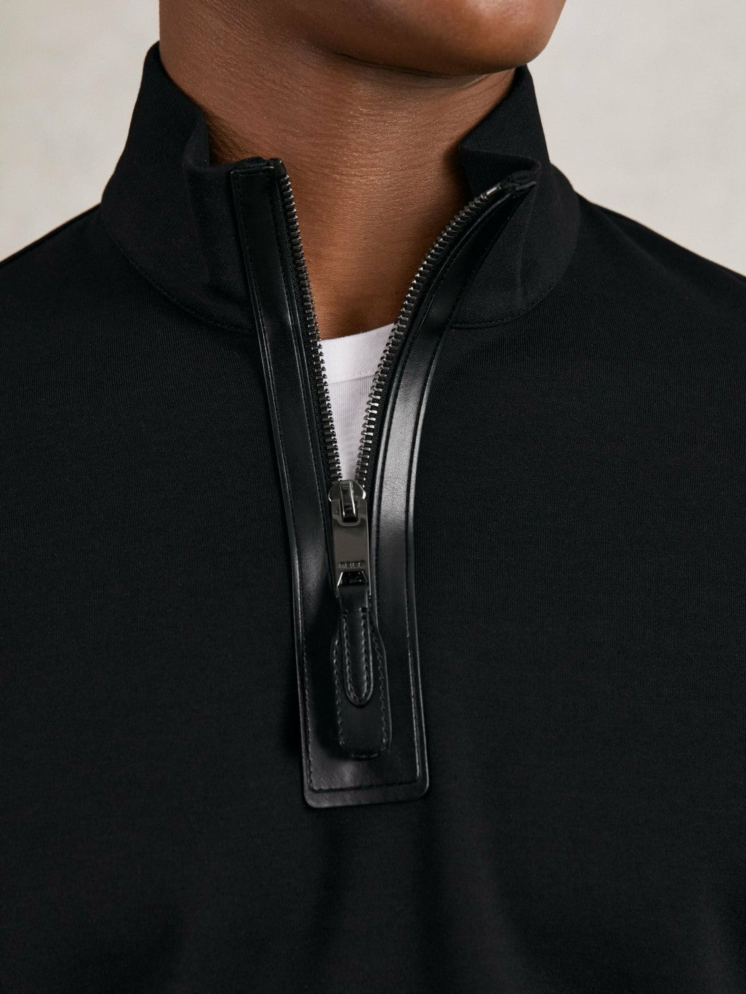 Leather-Placket Interlock Sweatshirt in Black Men | Reiss