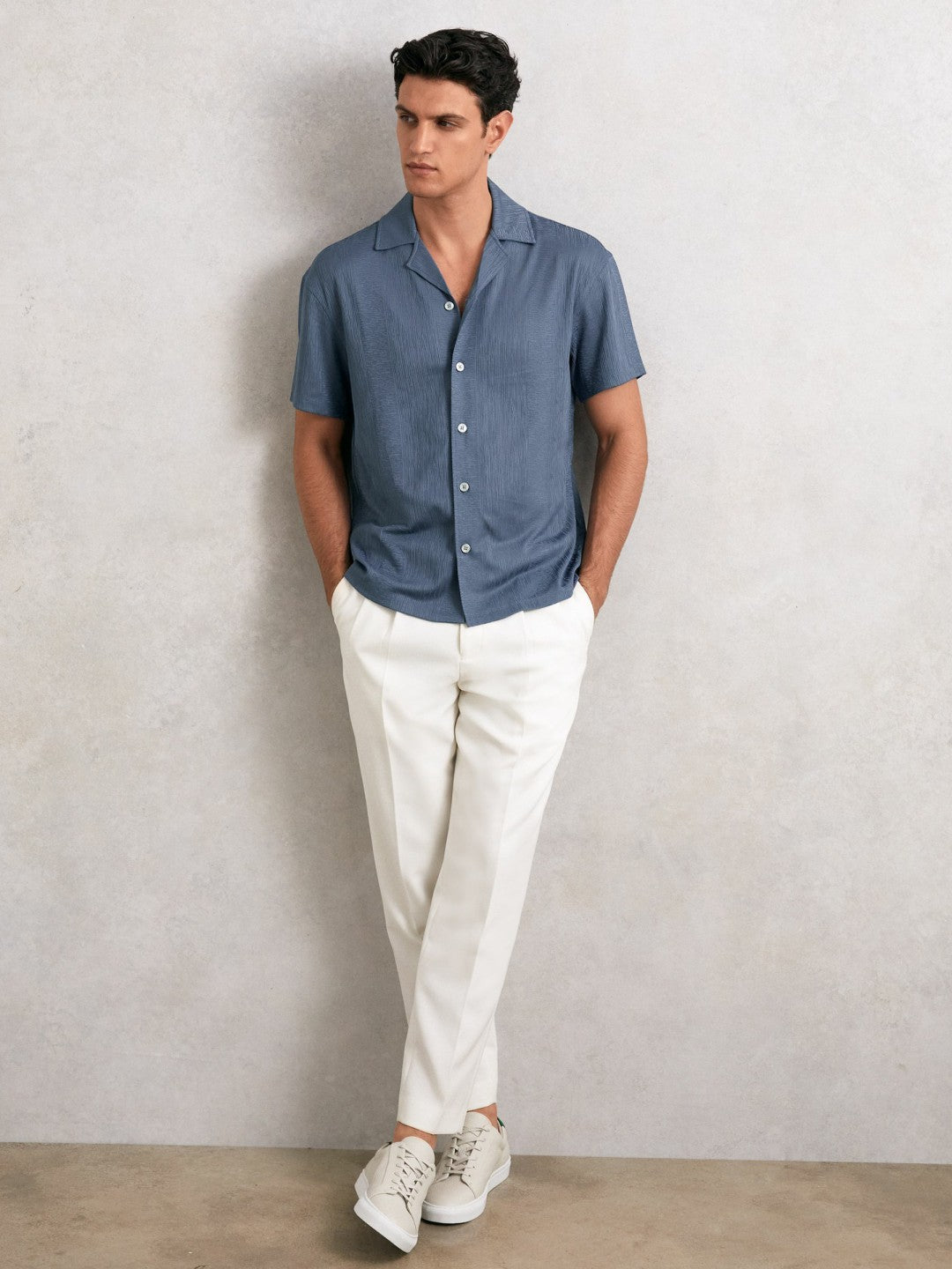 Jacquard-Stripe Cuban-Collar Shirt in Airforce Blue Men | Reiss